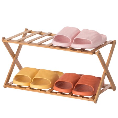 Basicwise Bamboo Foldable Shoe Rack, Free Standing Shoe Organizer Storage Rack, 2 Tier QI004329.2